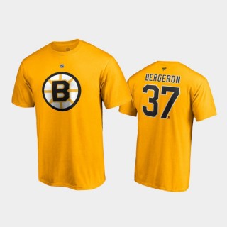 Men's Boston Bruins Patrice Bergeron #37 Special Edition Authentic Stack 2021 Reverse Retro Gold T-Shirt